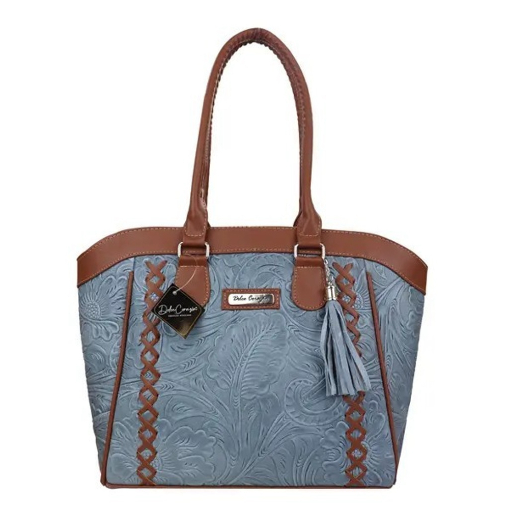Denim Blue Brown Cross Stitch Embossed Tooled Artisan LEATHER Hobo Bag Purse